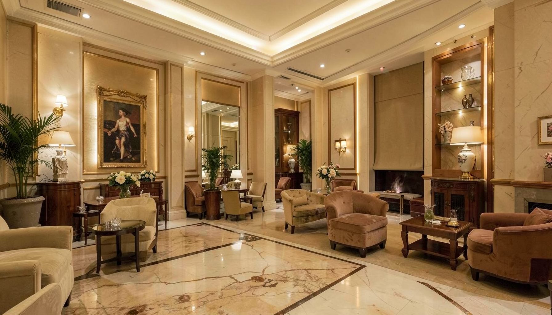 A softly lit hotel lobby interior with rich gold and cream tones, conveying comfortable upscale accommodation