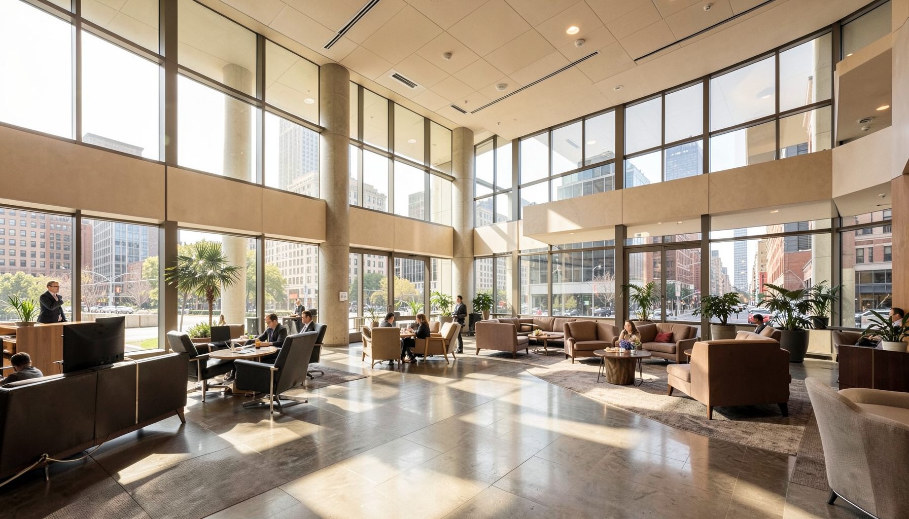 A wide-angle view of a modern convention center interior in Chicago, with warm neutral tones and soft natural light streaming through large windows