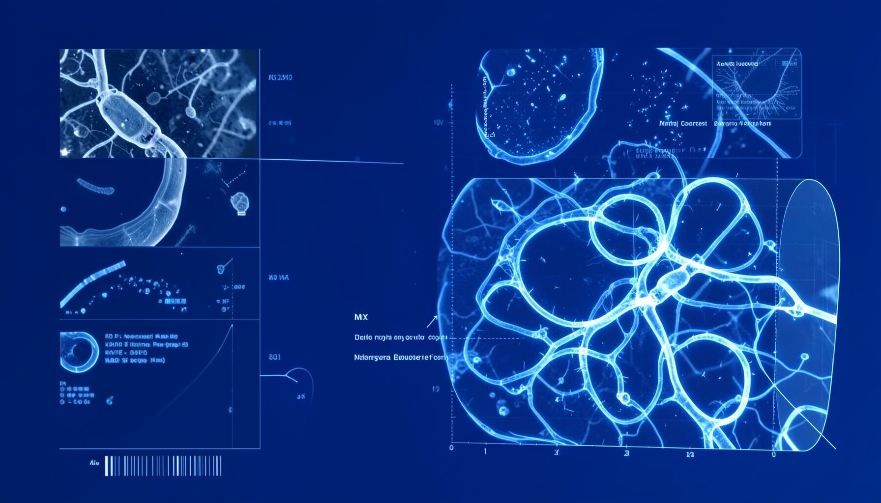Abstract scientific presentation slide with medical imaging visuals in deep blue and white tones