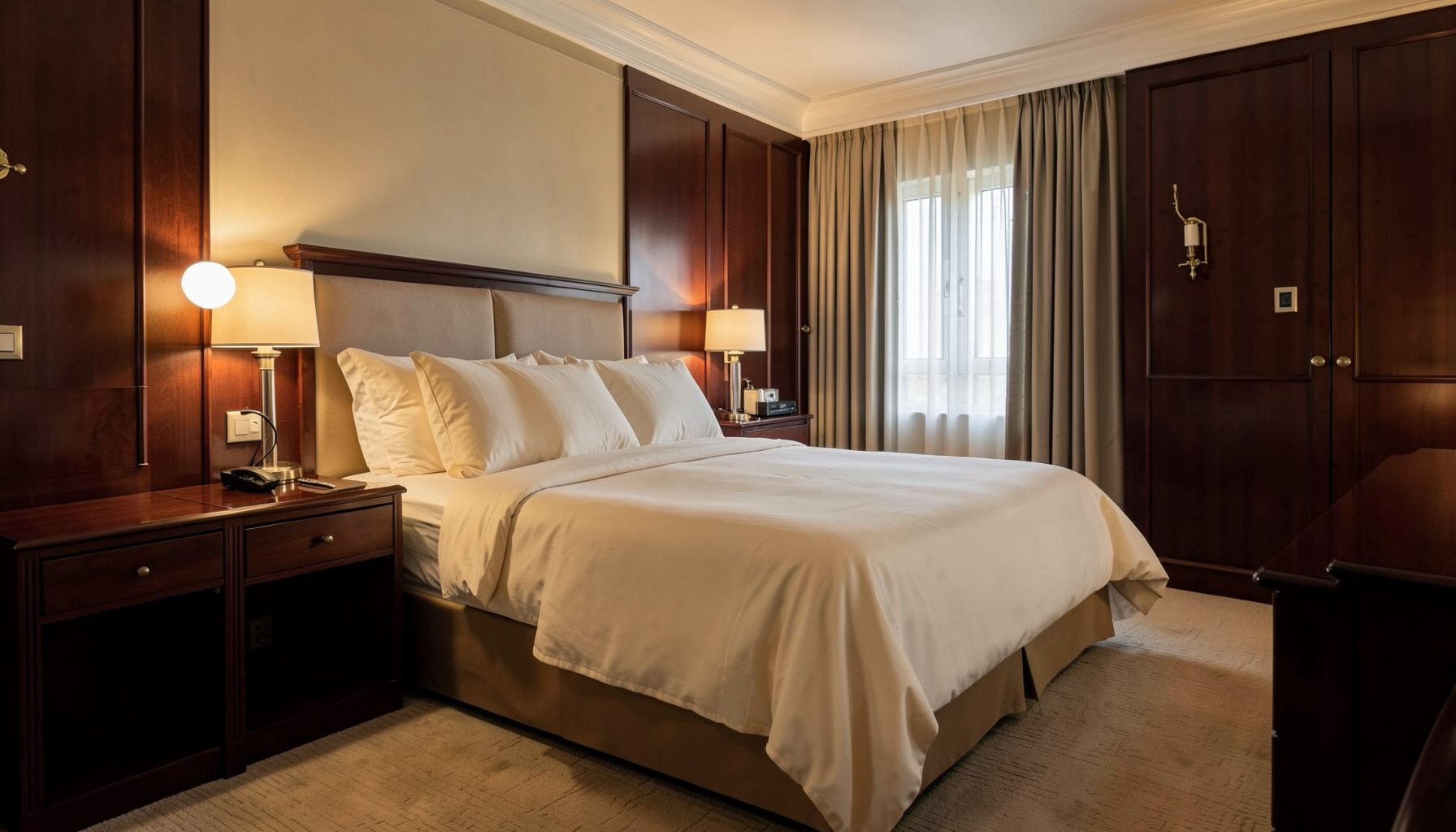 Elegant hotel room interior with warm lighting, cream bedding, and dark wood furnishings