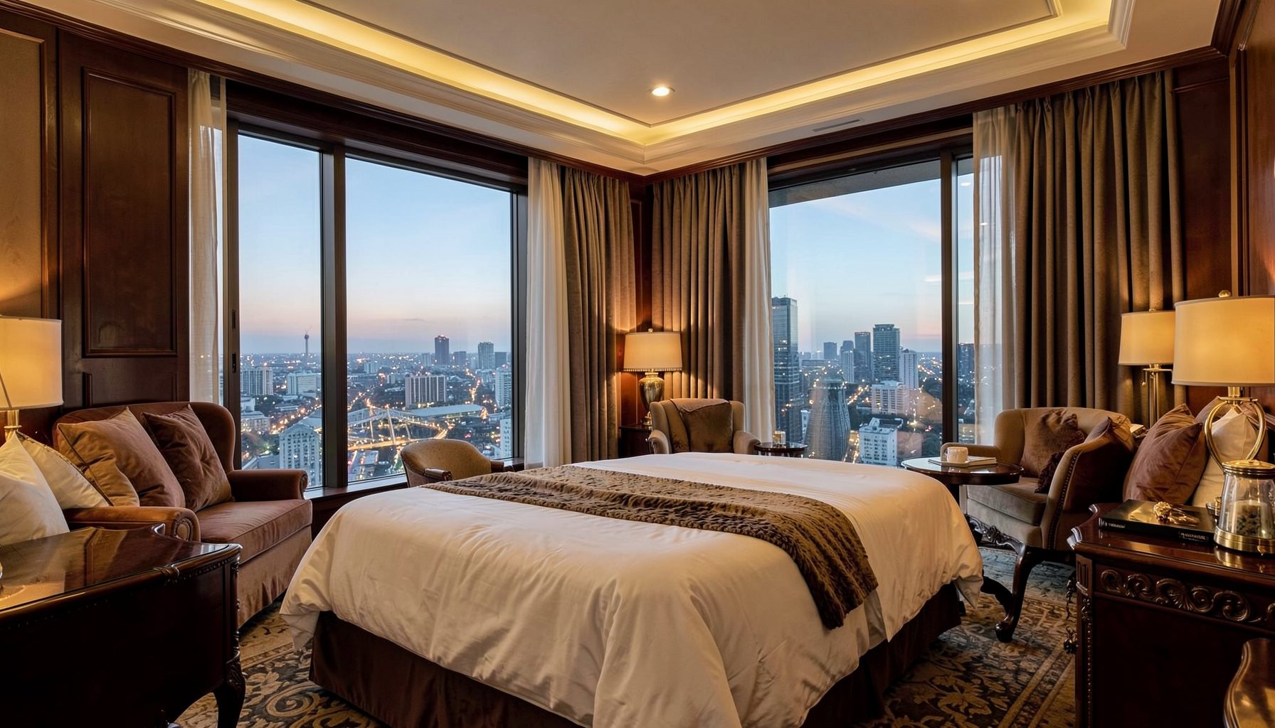 Luxury hotel suite with panoramic city views, rich brown and gold decor, and sophisticated ambiance
