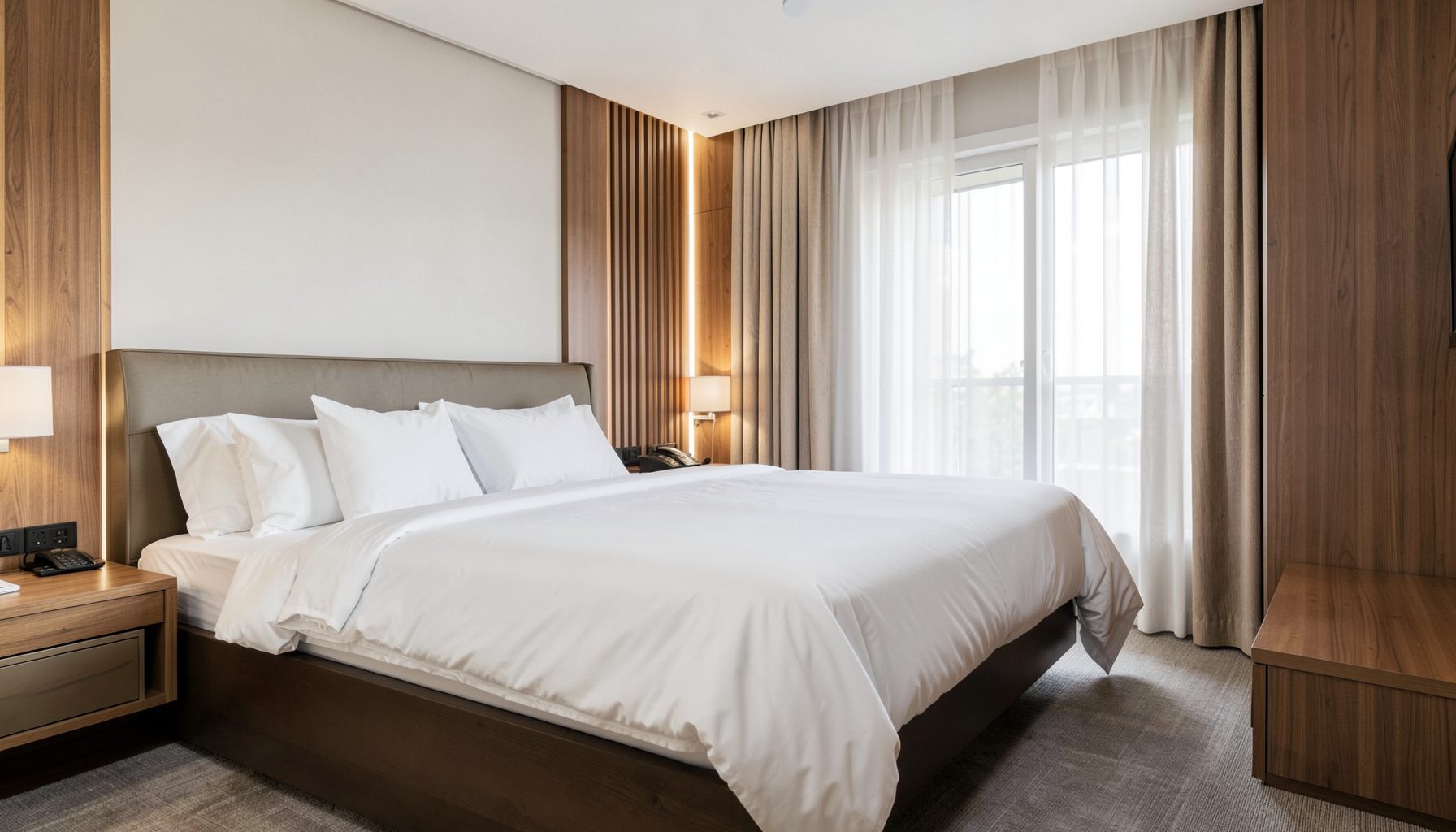 Modern hotel bedroom with crisp white linens, warm wood accents, and soft natural light