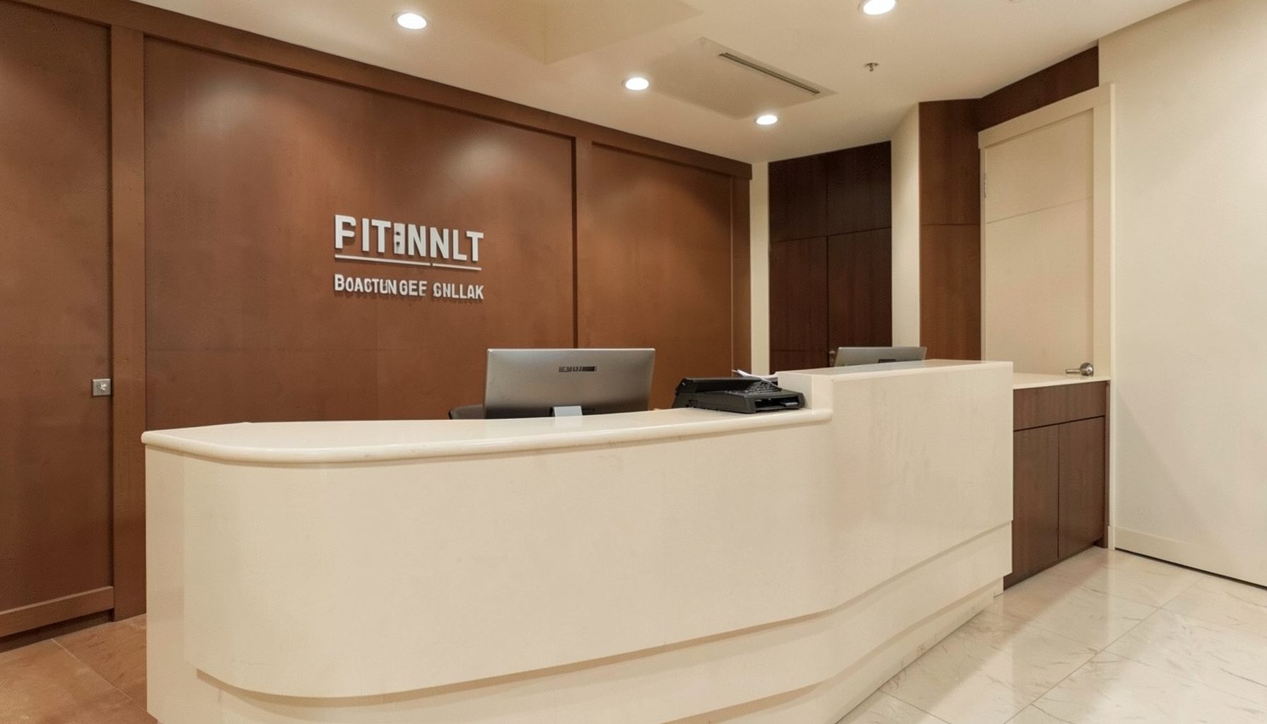 Registration desk area with professional signage in warm brown and cream tones