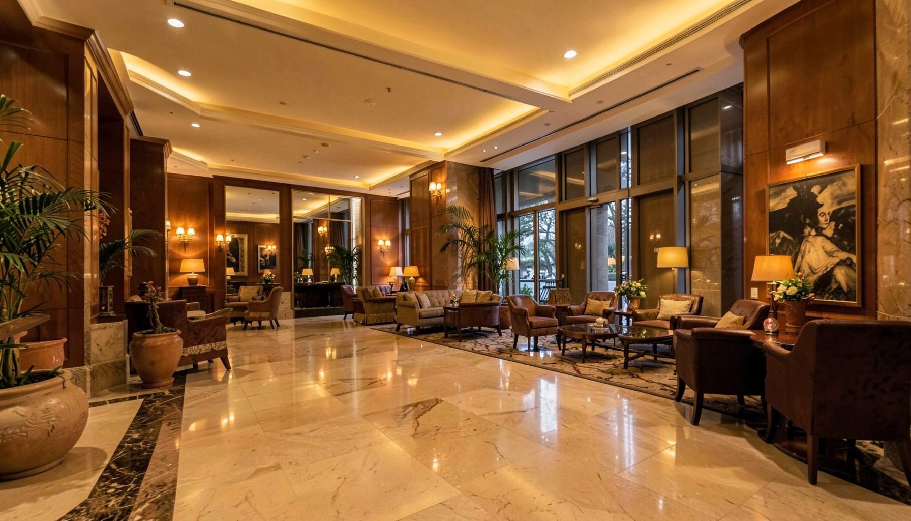 Upscale hotel lobby with polished stone floors, warm amber lighting, and elegant seating areas