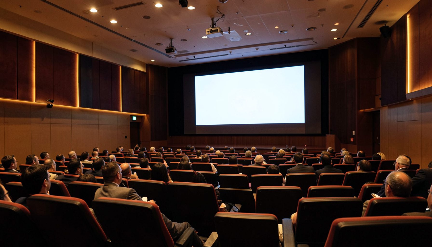 Warmly lit conference auditorium with rows of seating and a large presentation screen, deep navy and amber tones, professional academic atmosphere