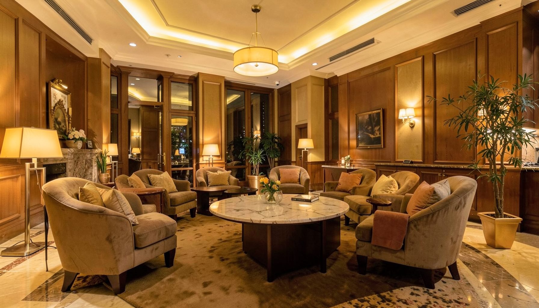 Warmly lit hotel lobby with soft golden tones, plush seating, and a calm, welcoming atmosphere